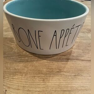 NWOT Rae Dunn Bon Appetit Blue interior white black Ceramic dog bowl